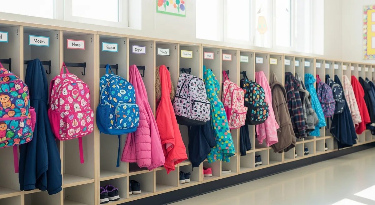 A bright classroom with separated coat hooks and labeled cubbies along a wall, no people visible