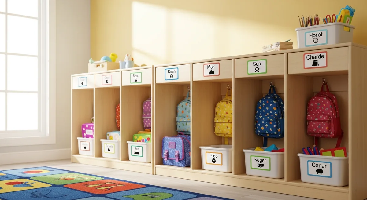 A tidy daycare room with labeled cubbies, rolled nap mats, and low shelves of toys