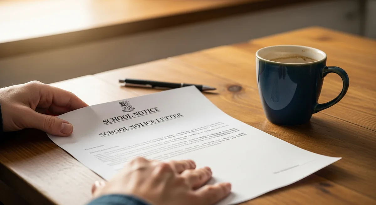 A printed school notice and a pen resting on a teacher's desk beside a coffee mug