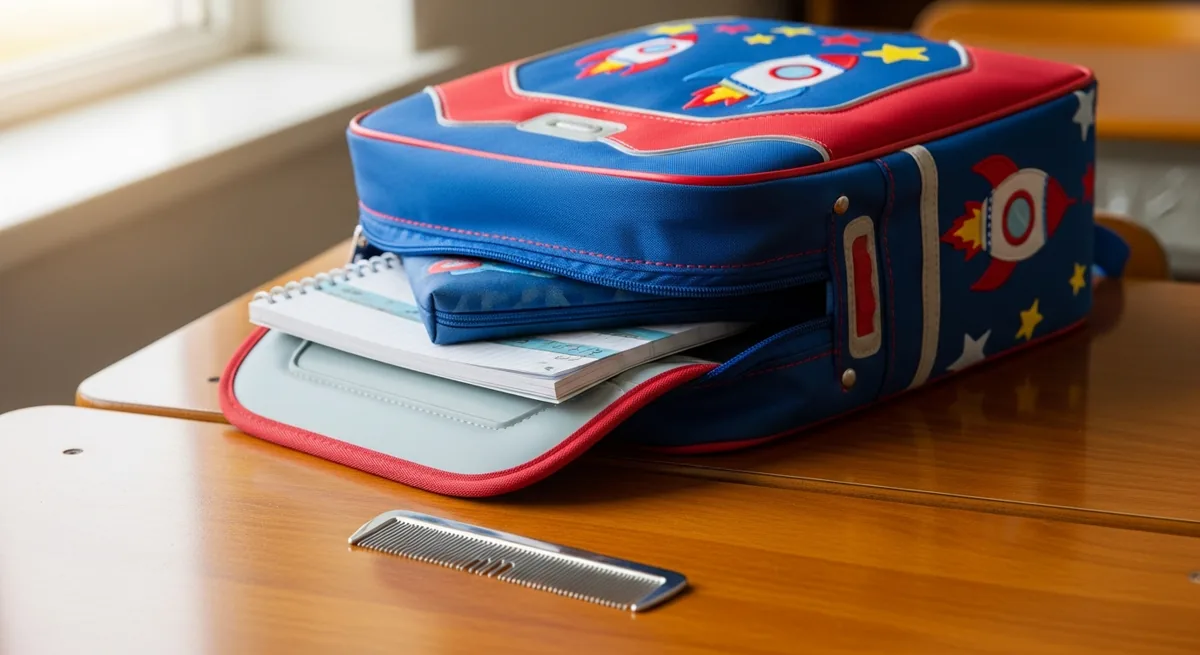 A child's backpack and a metal nit comb resting on a classroom table near a window