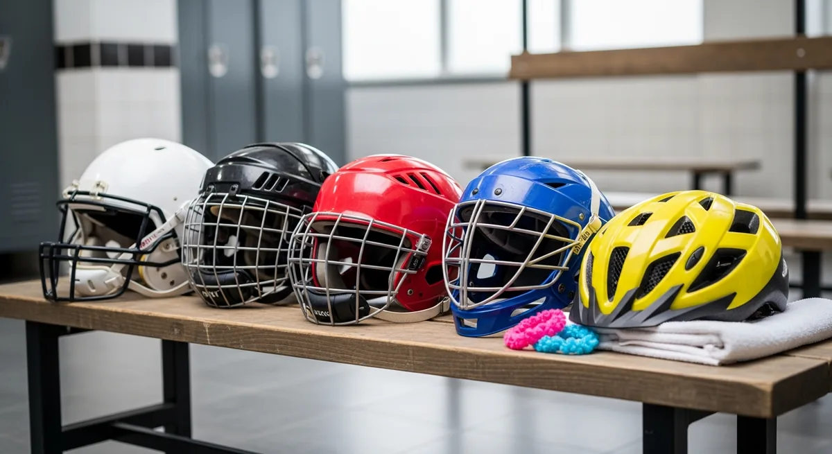 A wrestling headgear and a sports helmet resting on a gym bench beside a folded mat