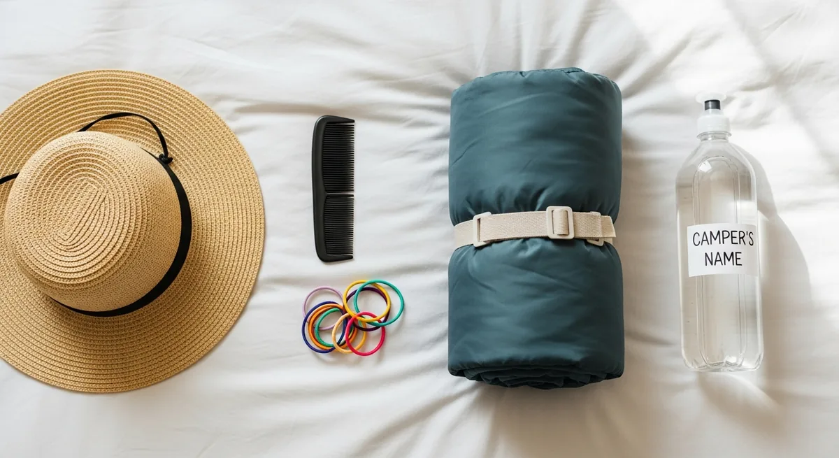A packed duffel bag with a sun hat, hairbrush, and hair ties on a wooden cabin bunk
