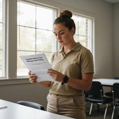 Camp staff member reviewing a comprehensive lice management policy document, clean and professional setting, no text, no words, no typography, 8K