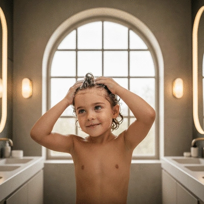 Child applying a gentle shampoo to their hair