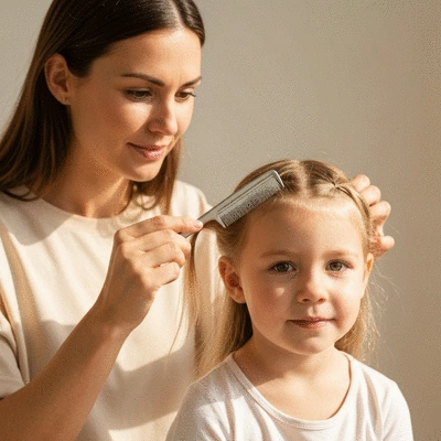Parent checking child's hair for lice with a nit comb, bright natural light, clean background, no text, no words, no typography, 8K