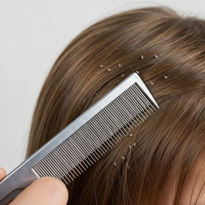 Close-up of a nit comb being used on a child's hair to remove lice and nits, clean background, no text, no words, no typography, 8K