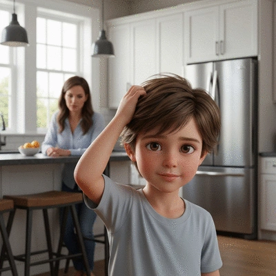Child scratching head with a concerned parent in background, clean image, no text