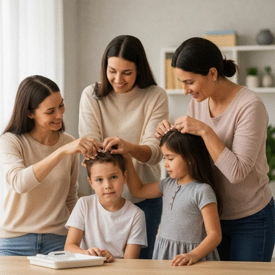 Family, including parents and children, collaborating to check hair for lice, warm indoor setting, clean background, no text, no words, no typography, 8K
