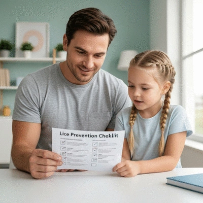 Parent and child happily looking at a lice prevention checklist, modern home setting, no text, no words, no typography, 8K, natural lighting
