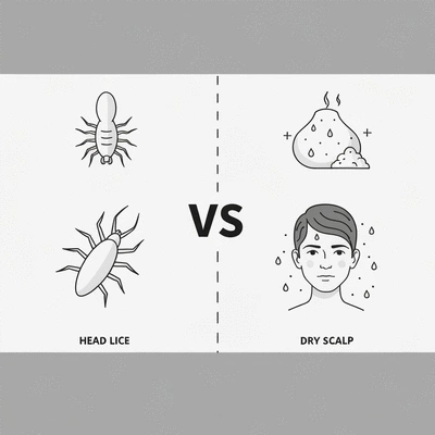 Stylized graphic comparing head lice, dandruff, and dry scalp with distinct visual cues