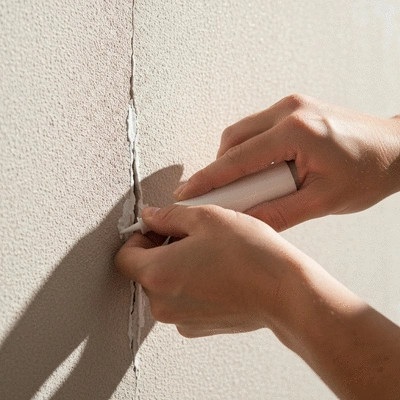 Close-up of hands sealing a crack in a wall with caulk