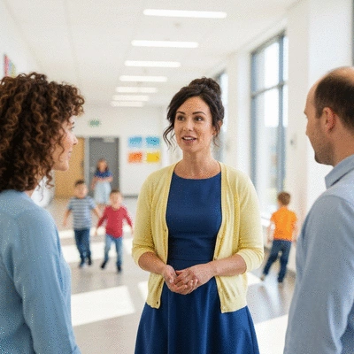 Teacher talking to parents about head lice prevention in a school hallway