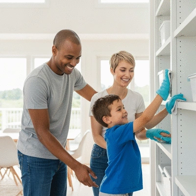 Family cleaning together, positive and clean home environment, no text, no words, no typography, 8K