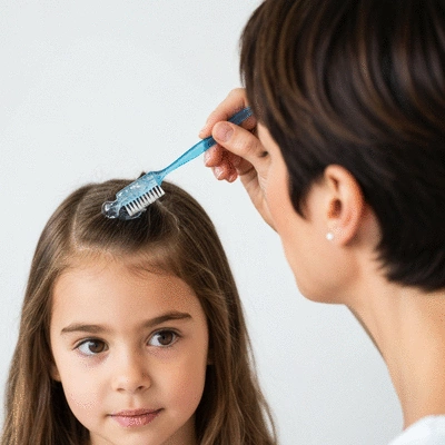 Parent applying a one-dose lice treatment to a child's hair