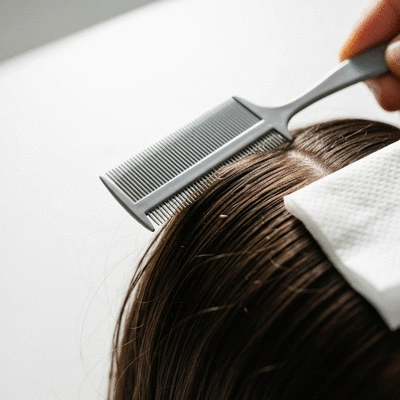 Close-up of a fine-toothed nit comb being carefully pulled through a section of damp hair, with a white tissue nearby for wiping, set against a clean background, no text, no words, no typography, 8K