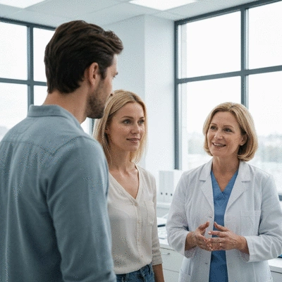 Parents discussing head lice treatment options with a healthcare professional