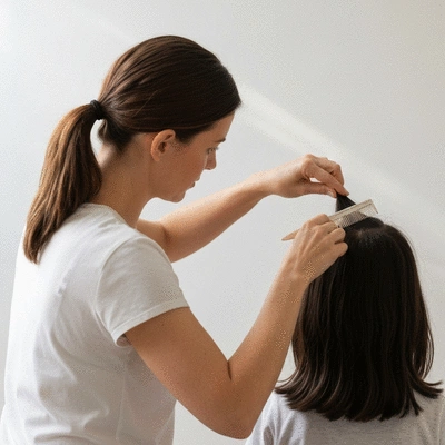 Parent inspecting child's hair for lice with a fine-toothed comb