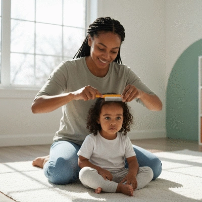 Parent inspecting child's hair for head lice with a comb