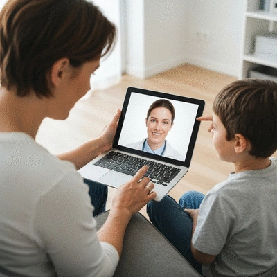 Parent and child having a telemedicine consultation for lice