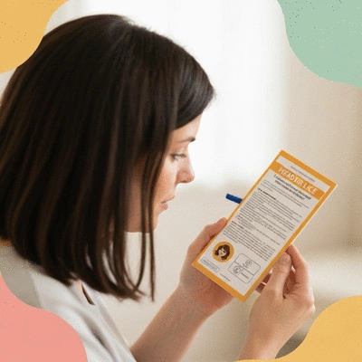 Parent reading product label for child's treatment, no text, no words, no typography, clean image