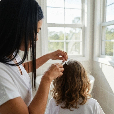 Child having lice treatment applied to their hair by an adult