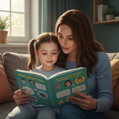 Child and parent reading a book about lice prevention together, in a bright and reassuring setting