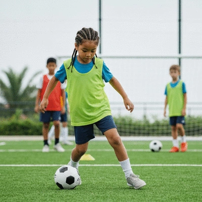 Child with braided hair participating in a sports activity, with other children in the background, no text, no words, no typography, clean image