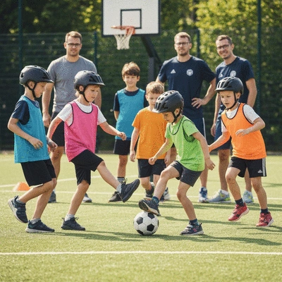 Children in sports wearing protective gear, avoiding head-to-head contact, with coaches supervising