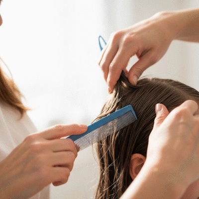 Parent gently wet-combing a child's hair with a fine-toothed comb to remove lice