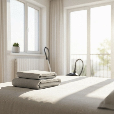 Clean home environment with vacuum cleaner and freshly washed linens, indicating lice prevention