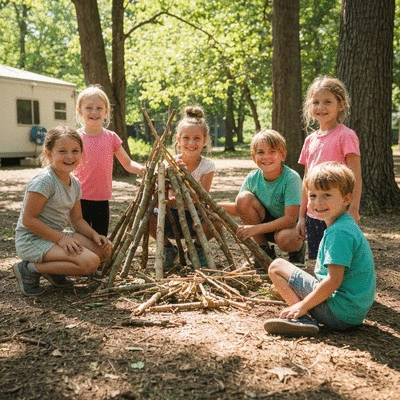 Children in a camp setting, one with hair tied up, engaging in an activity, bright and clean environment, no text, no words, no typography, 8K