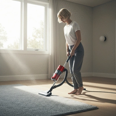 Person vacuuming a carpet with a HEPA filter vacuum