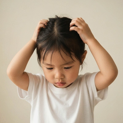 Child scratching head, concept of head lice, no text, no words, no typography, clean image