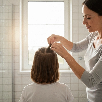 Child with head lice being checked by parent