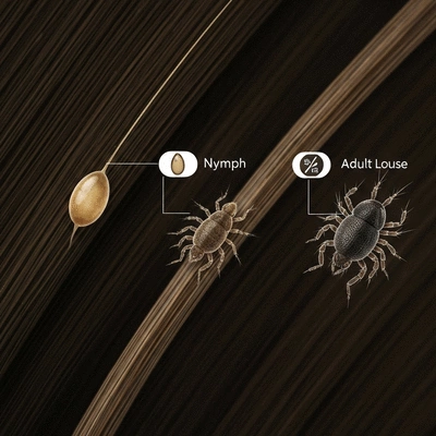 Diagram illustrating the life cycle of head lice: egg, nymph, and adult stages