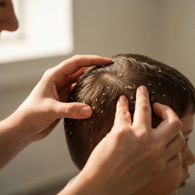 Close-up of a child's scalp with head lice and nits, being examined by a parent