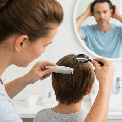 Parent checking child's hair for lice and adult self-checking hair in mirror