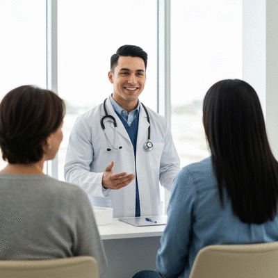 Pediatrician consulting with parents about lice treatment options in a clean, modern clinic setting