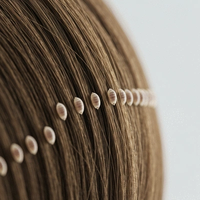 Close-up view of head lice eggs (nits) firmly attached to a strand of hair near the scalp, showing their oval shape and translucent color, in a clean, clinical setting, no text, no words, no typography, 8K