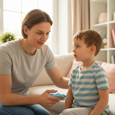 Parent discussing head lice treatment with child in a calm home environment