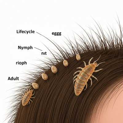 Microscopic view of head lice life stages: nit, nymph, and adult on human hair