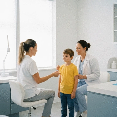 Parent and child consulting with a professional lice technician in a clean clinic setting