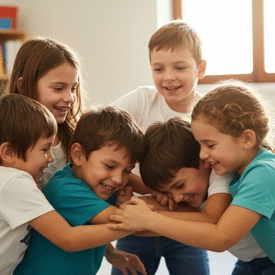 Children playing closely together in a school setting, illustrating head-to-head contact, no text, no words, no typography, clean image