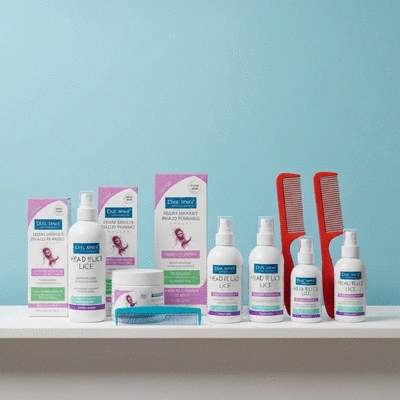 Various head lice treatment products and tools laid out on a clean surface