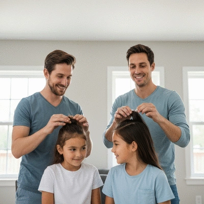 Family with parents and children checking each other's hair for lice, in a bright, clean home environment, showing gentle interaction and care, no text, no words, no typography, 8K