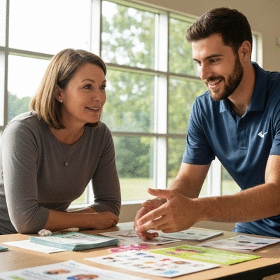 Parent and coach discussing lice prevention strategies with educational materials, no text, no words, no typography, clean image