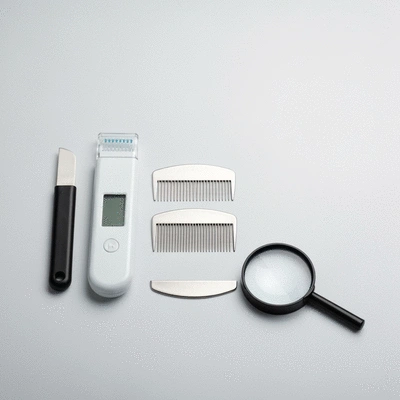 Assortment of lice combs and magnifying glass on a clean surface