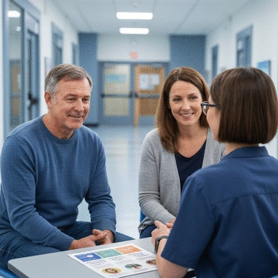 Parents discussing head lice prevention with school staff