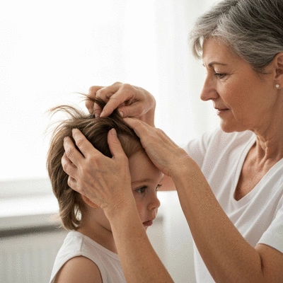 Close-up of a child's head with an adult gently checking for head lice, bright, clean background, no text, no words, no typography, 8K, natural lighting