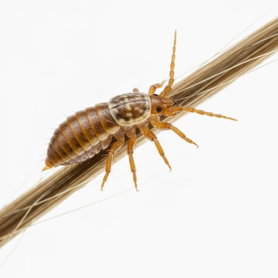 Microscopic view of a live head louse on a human hair strand, clean image, no text